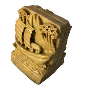 Vintage Chinese Hand Carved Jade Soapstone Ship Themed Bookends 5"x4"
